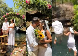 Noivos aventureiros usam cachoeira como cenário de casamento e terminam cerimônia com mergulho: ‘Muita paz’