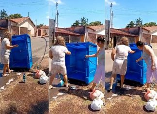Vídeo mostra mulheres lavando lixeira pública e gesto repercute nas redes sociais; assista