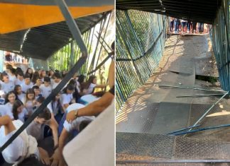 Passarela cede durante travessia de alunos e deixa cerca de 30 estudantes pendurados no TO